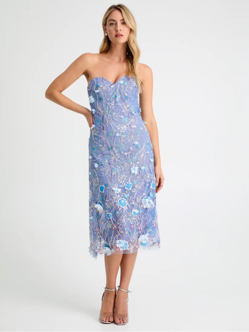 Helsi Francine Blue Floral Applique Embellished Strapless Midi Dress Xs New